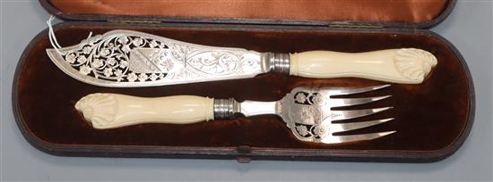 A pair of cased Mappin & Webb fish servers, with ivory handles and silver collars, in a fitted case